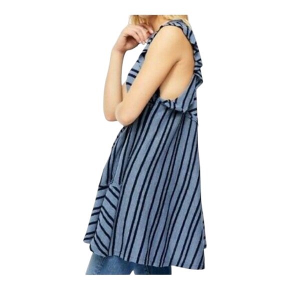 Free People Between The Lines Striped Ruffled Tunic Top in Blue Boho Women's S - Picture 4 of 12